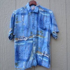 VTG Jams World‎ Shirts Mens Small Blue Sea Hawaiian Catamaran Print island Life